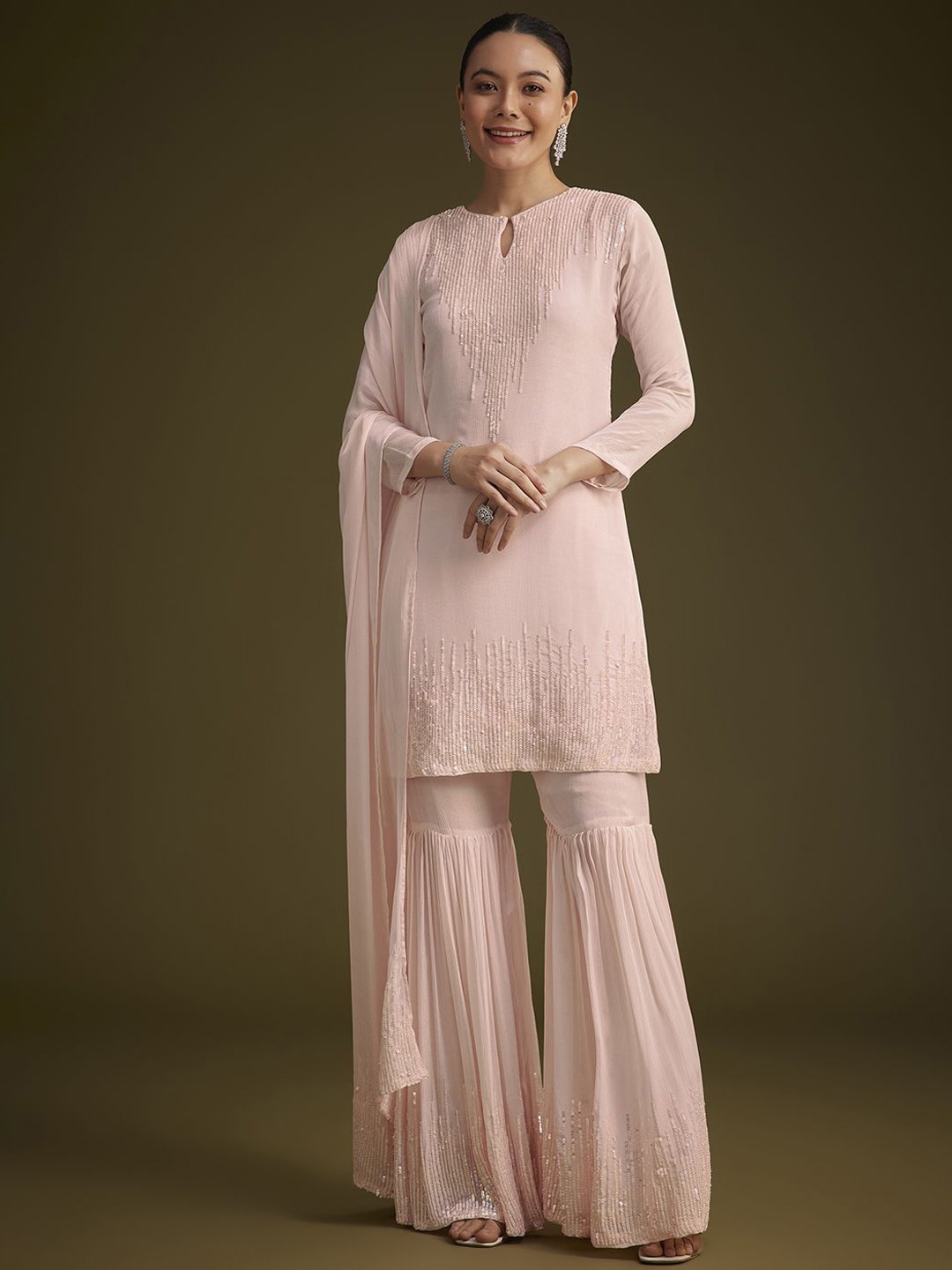 

KALKI Notch Neck Sequinned Straight Kurta With Sharara And Dupatta, Pink