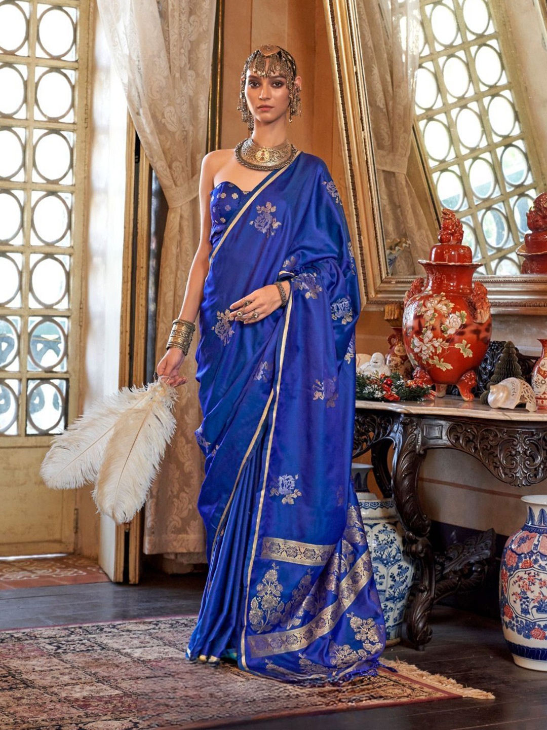 

ODETTE Blue Silk Blend Woven Saree With Unstitched Blouse For Women