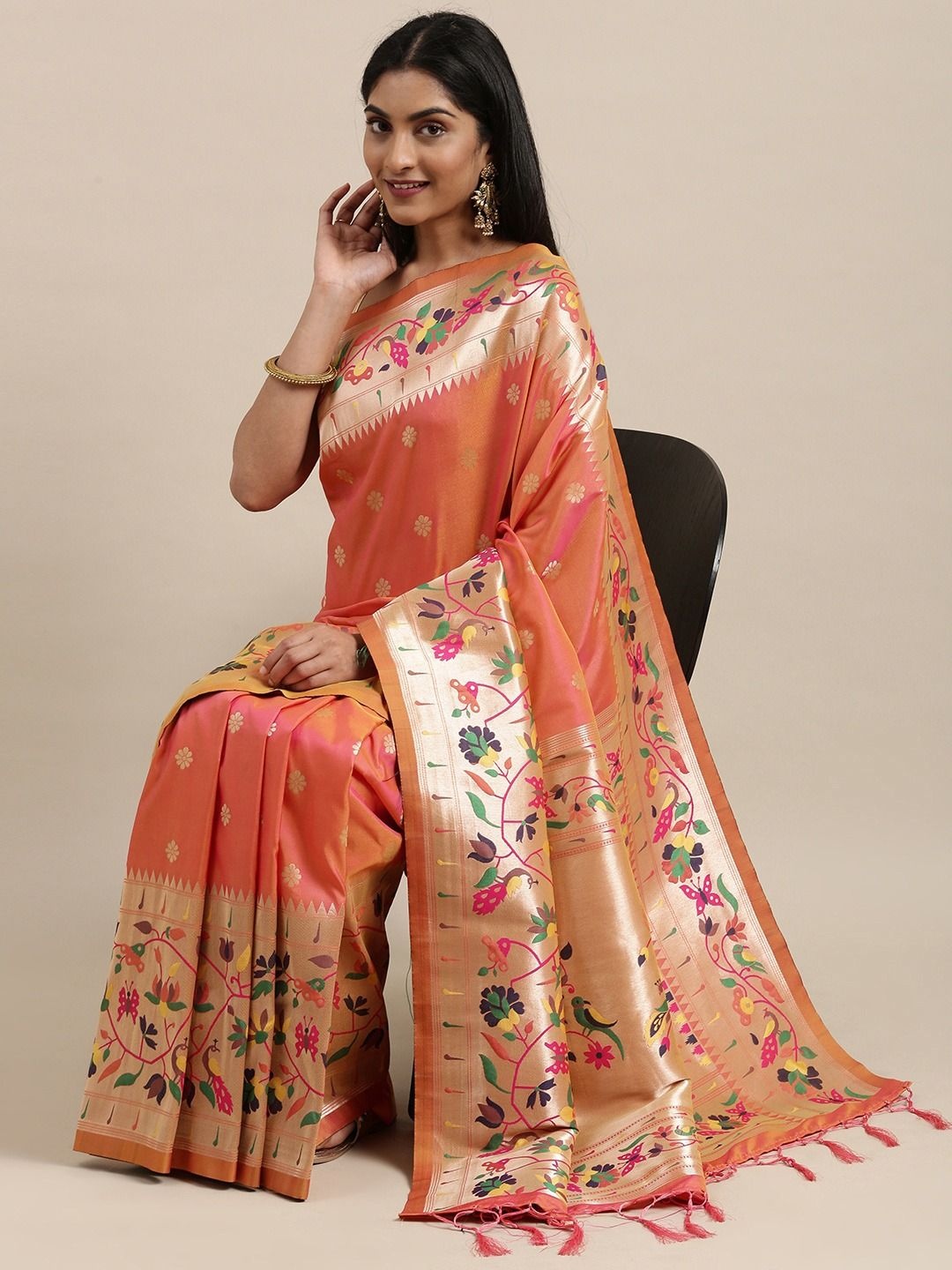 

DIVASTRI Ethnic Motifs Woven Design Zari Paithani Saree, Peach