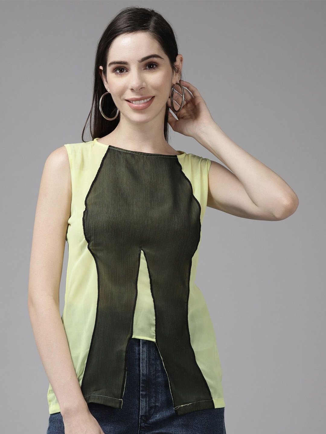 

CORSICA Women Colourblocked Georgette Top, Lime green