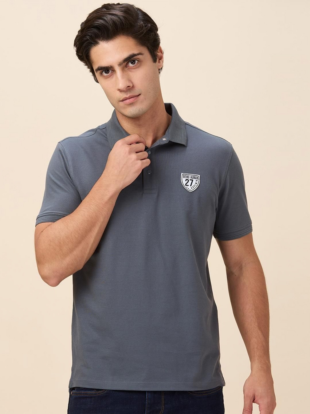 

Being Human Men Solid Polo Collar Cotton Slim Fit T-shirt, Grey