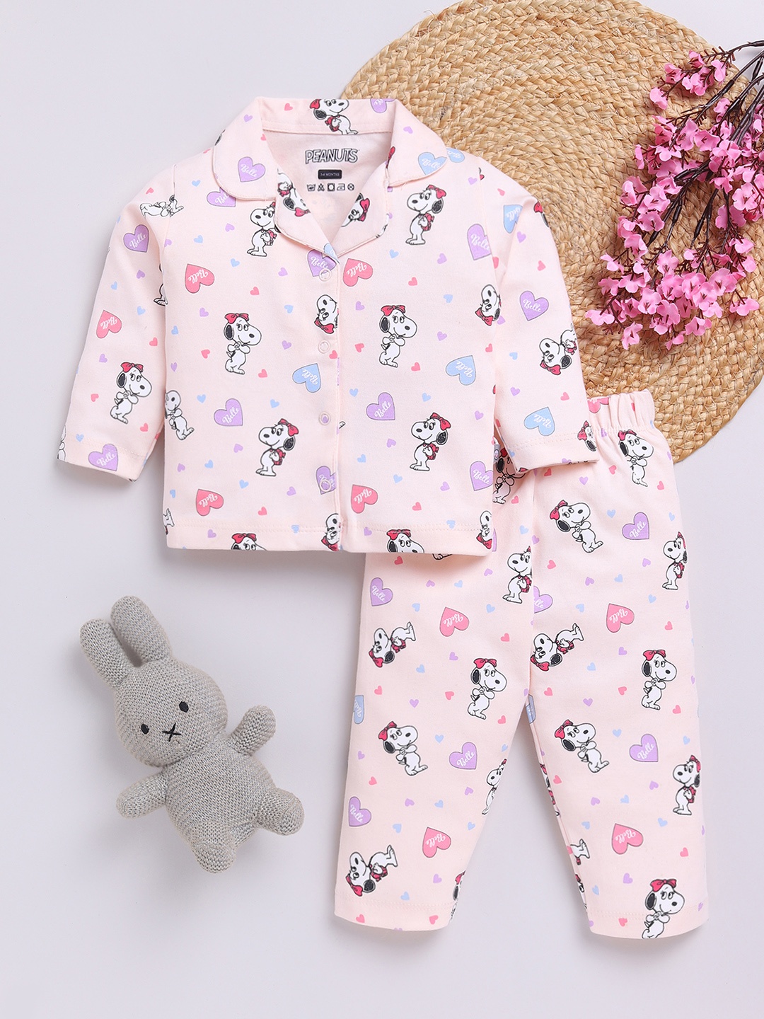 

YK X Tinyo Infant Girls Snoopy Printed Pure Cotton Night suit, Peach