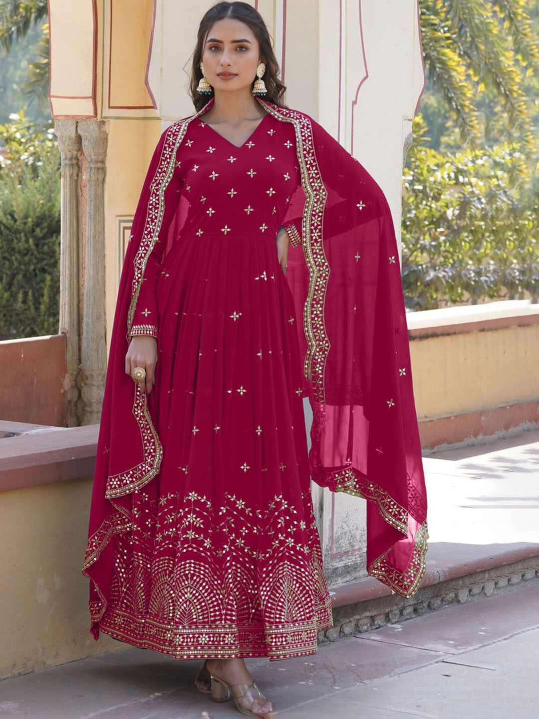 

KALINI Floral Embroidered V Neck Gotta Patti Work Georgette Anarkali Kurta With Dupatta, Pink