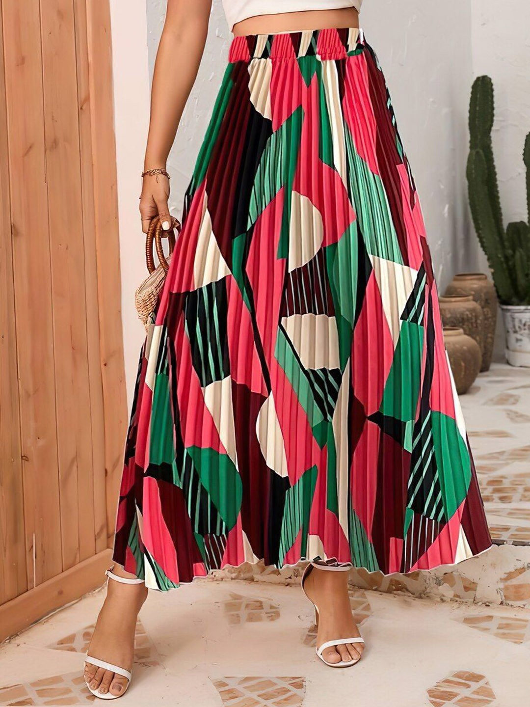 

ZWERLON Women Printed Accordion Pleats Flared Maxi Skirt, Red