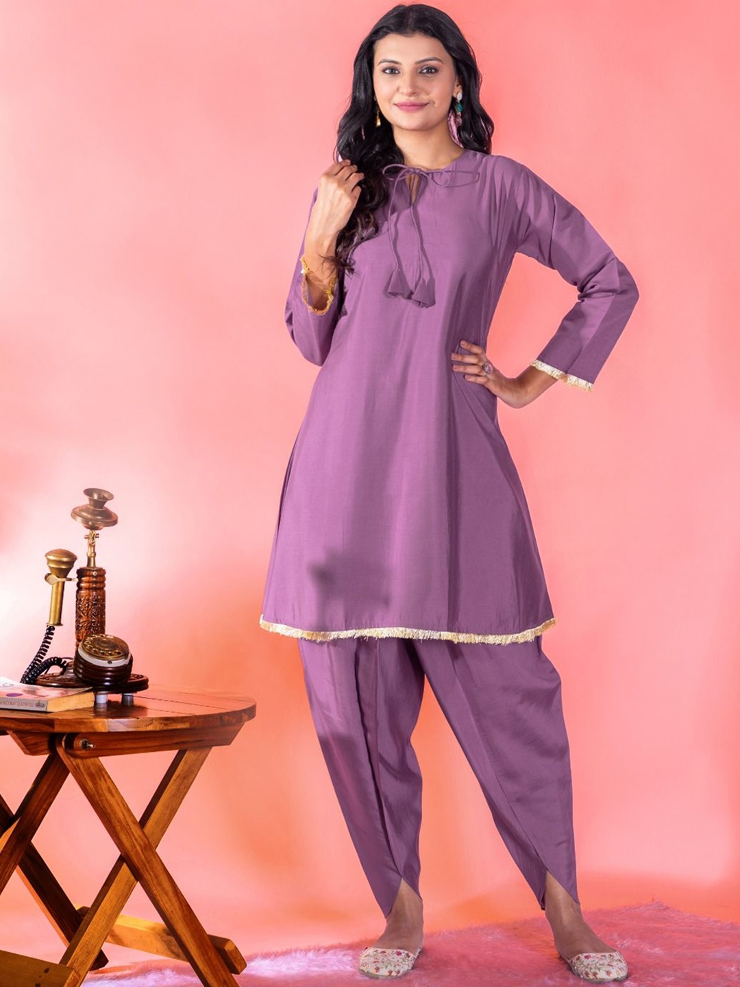 

SHISHKALA Women Regular Pure Silk Kurta with Dhoti Pants, Purple