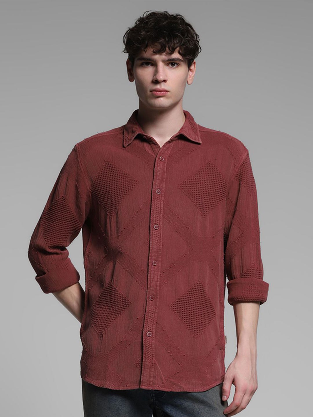

Jack & Jones Men Spread Collar Textured Cotton Casual Shirt, Maroon