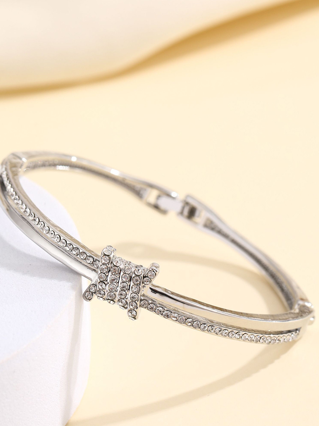

Shining Diva Fashion Silver-Plated Crystals Studded Bangle-Style Bracelet