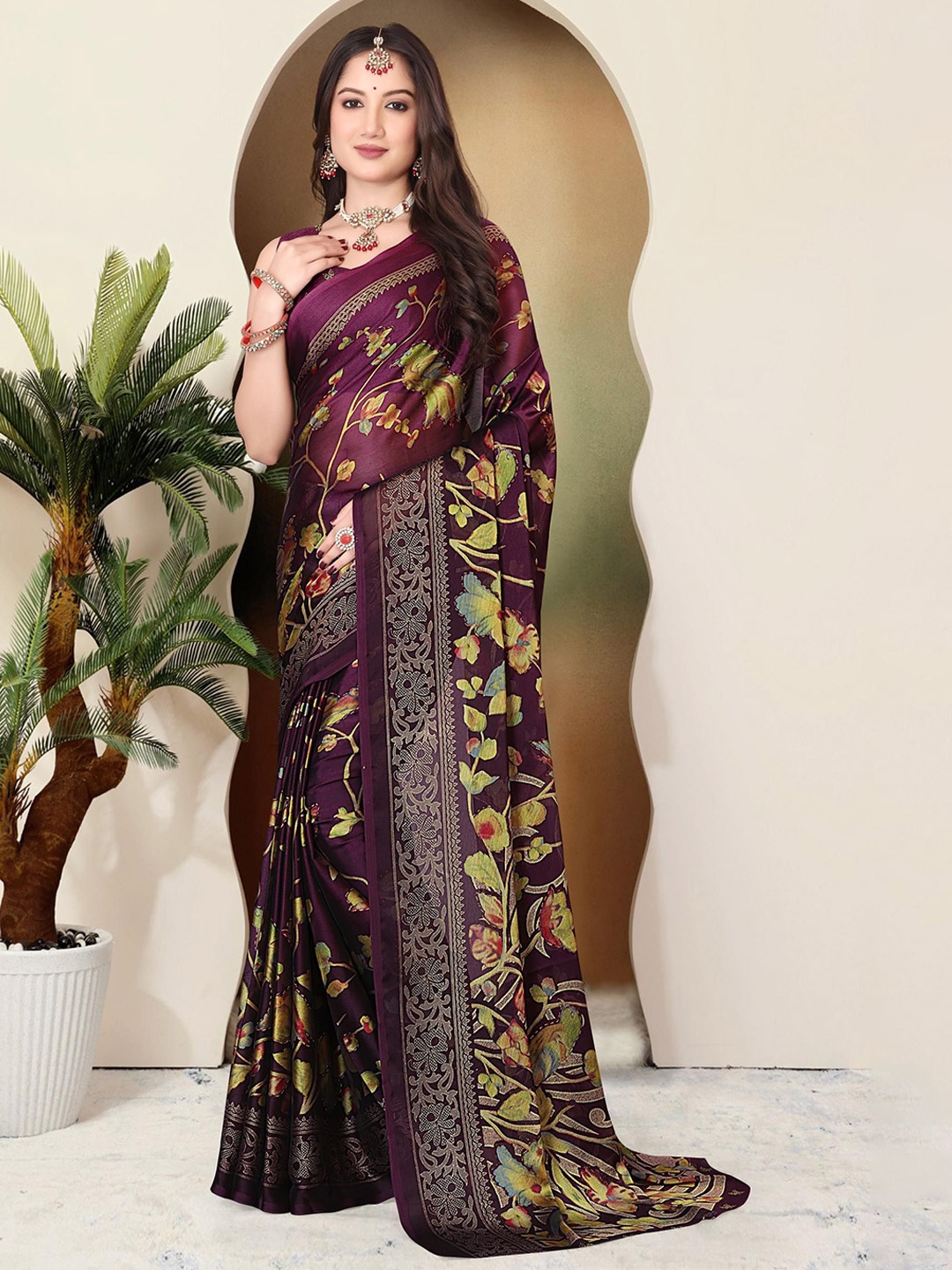 

SUPERLAXMI Floral Printed Pure Chiffon Saree, Purple