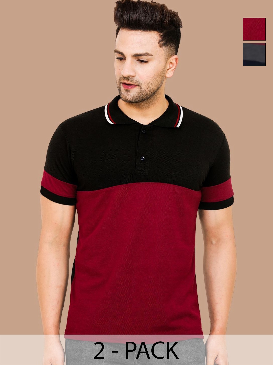 

Leotude Men Colourblocked Polo Collar Cotton T-shirts, Burgundy