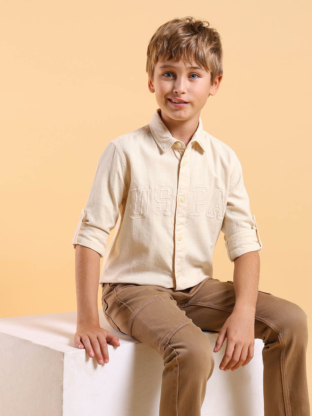 

U.S. Polo Assn. Kids Boys Classic Fit Spread Collar Solid Cotton Casual Shirt, Beige