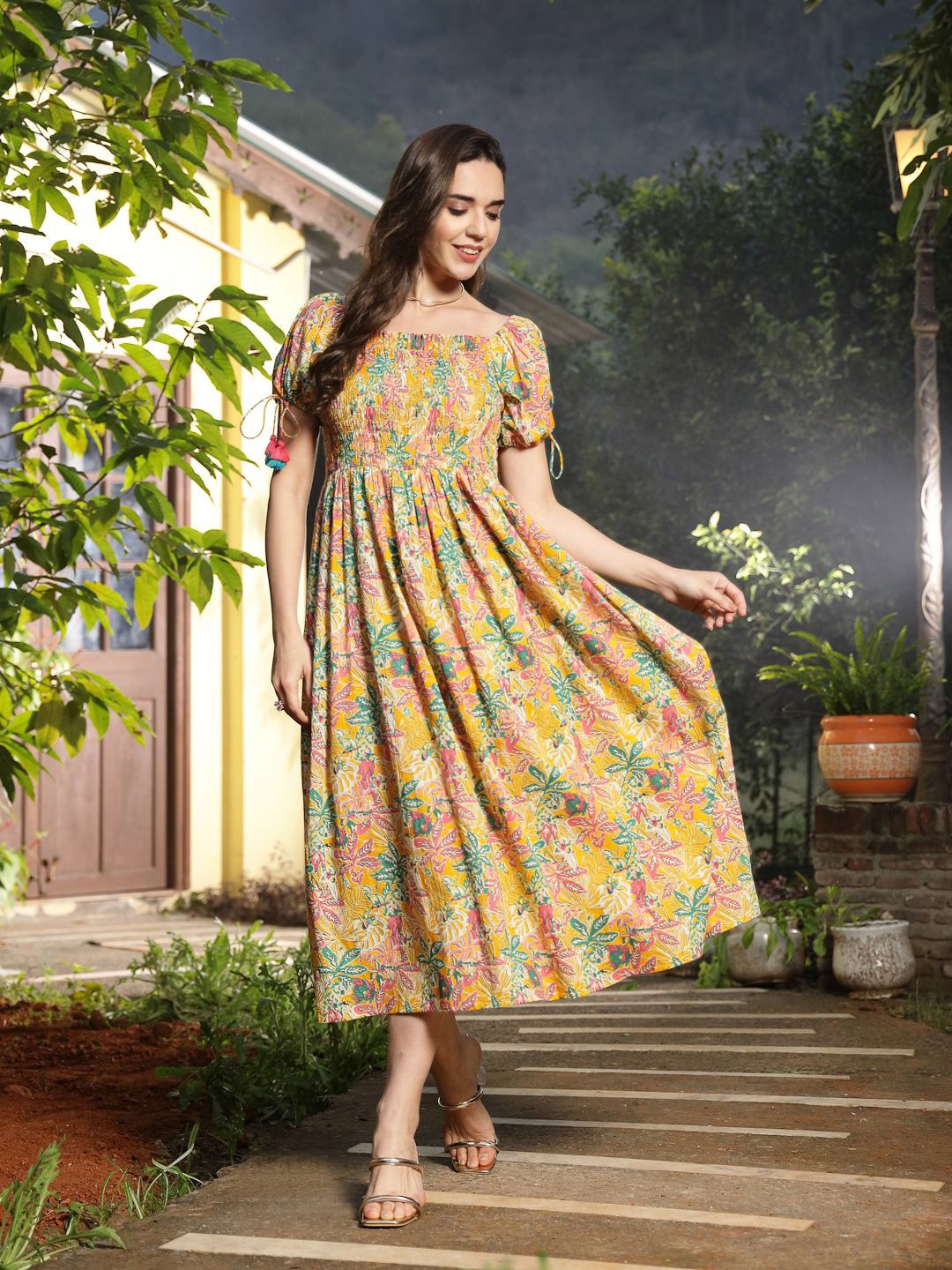 

Stylum Floral Print Puff Sleeve Fit & Flare Maxi Dress, Yellow