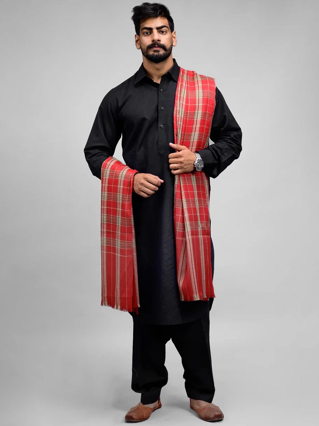

THE SHAWL STUDIO Men Checked Woven Design Reversible Woolen Shawl, Maroon