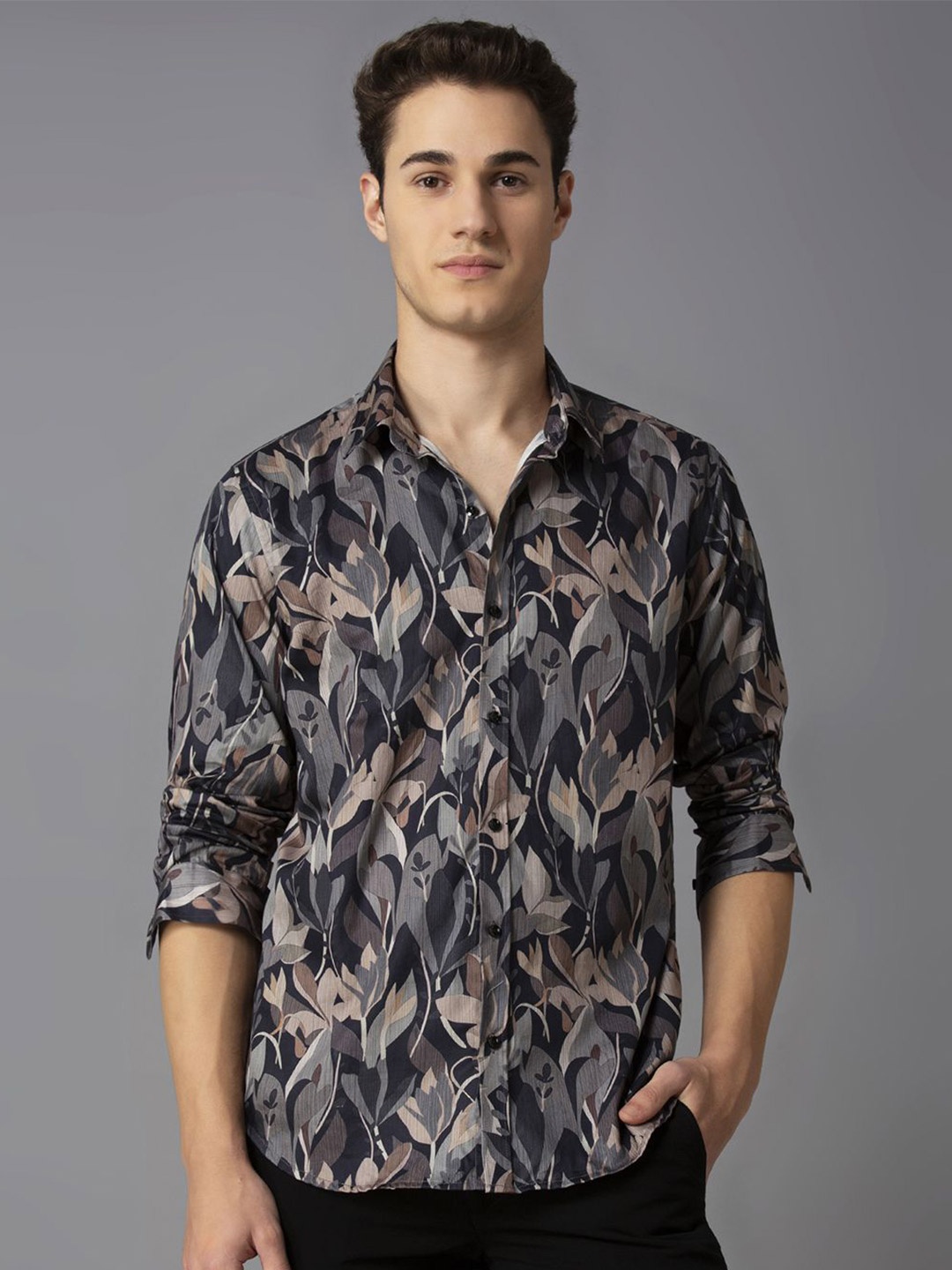 

MARK & ALBERT Men India Slim Fit Spread Collar Floral Printed Cotton Casual Shirt, Black