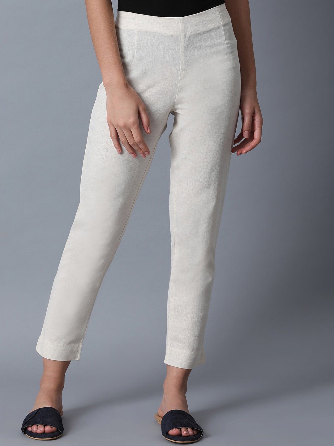 

W Women Solid High-Rise Slim Fit Cigarette Trousers, Cream