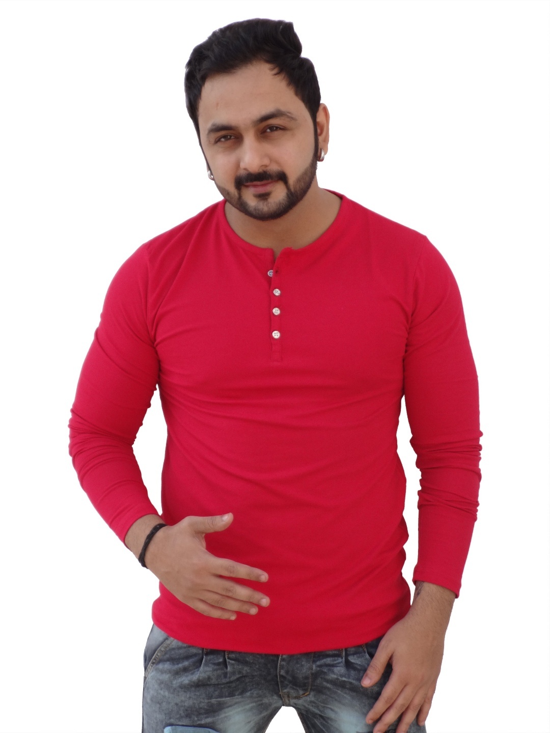 

Black Collection Men Solid Henley Neck Cotton Slim Fit T-shirt, Red