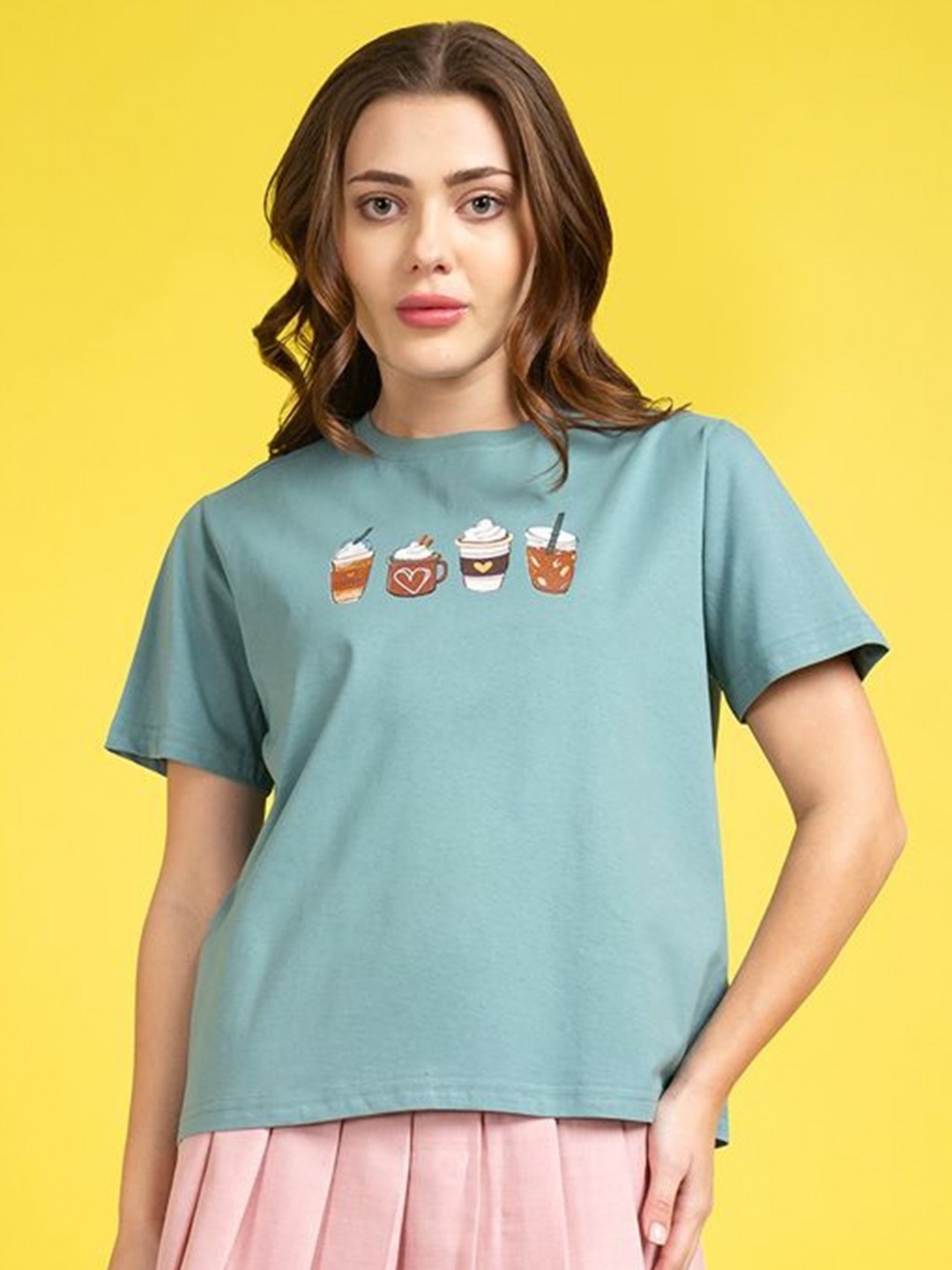 

Mast & Harbour Women Graphic Printed Round Neck Cotton Oversized T-shirt, Teal