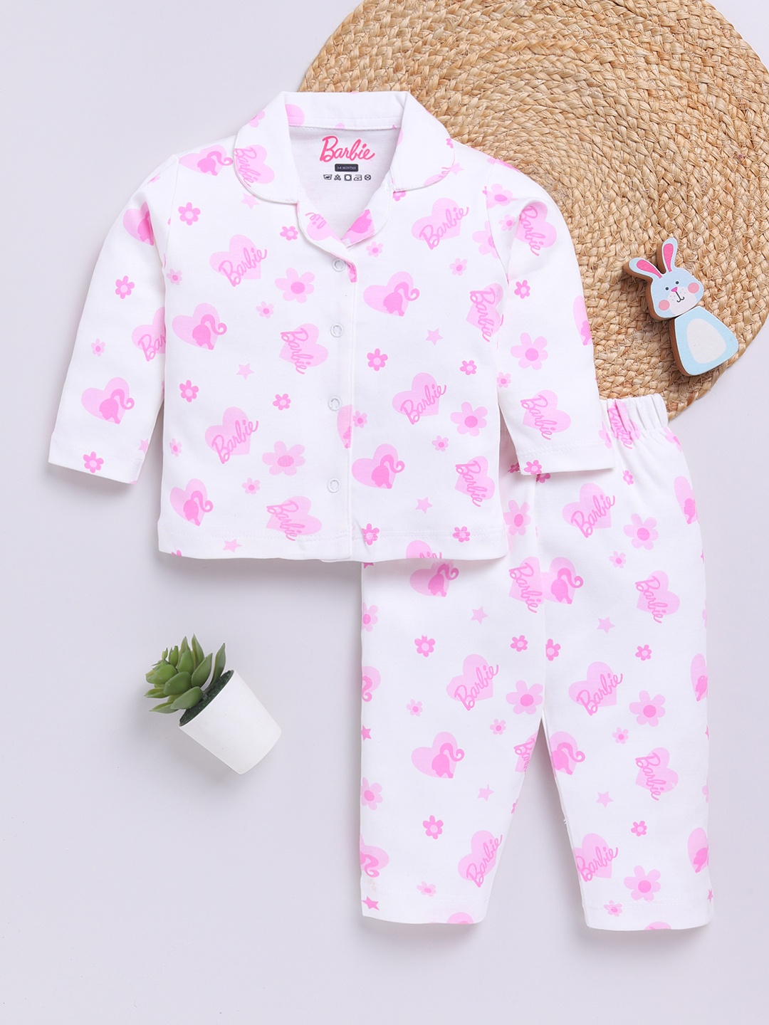 

YK X Tinyo Infant Girls Barbie Printed Pure Cotton Night suit, White