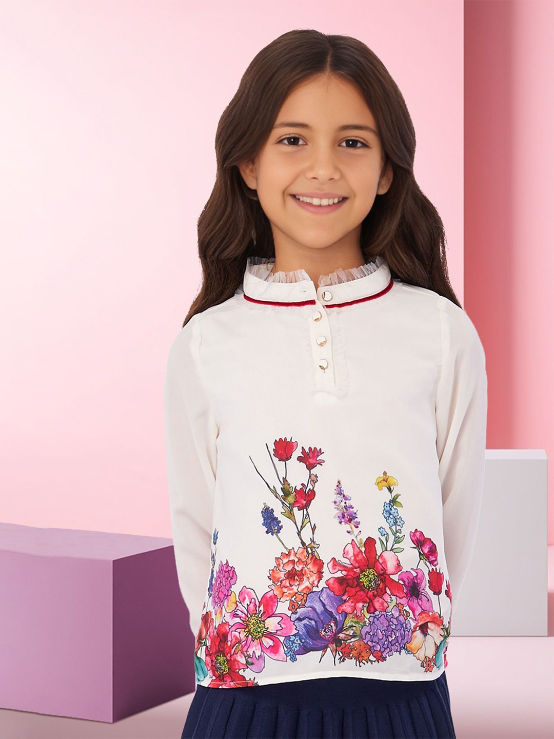 

FOREVER FRIDAY Girls Floral Printed Mandarin Collar Top, Off white