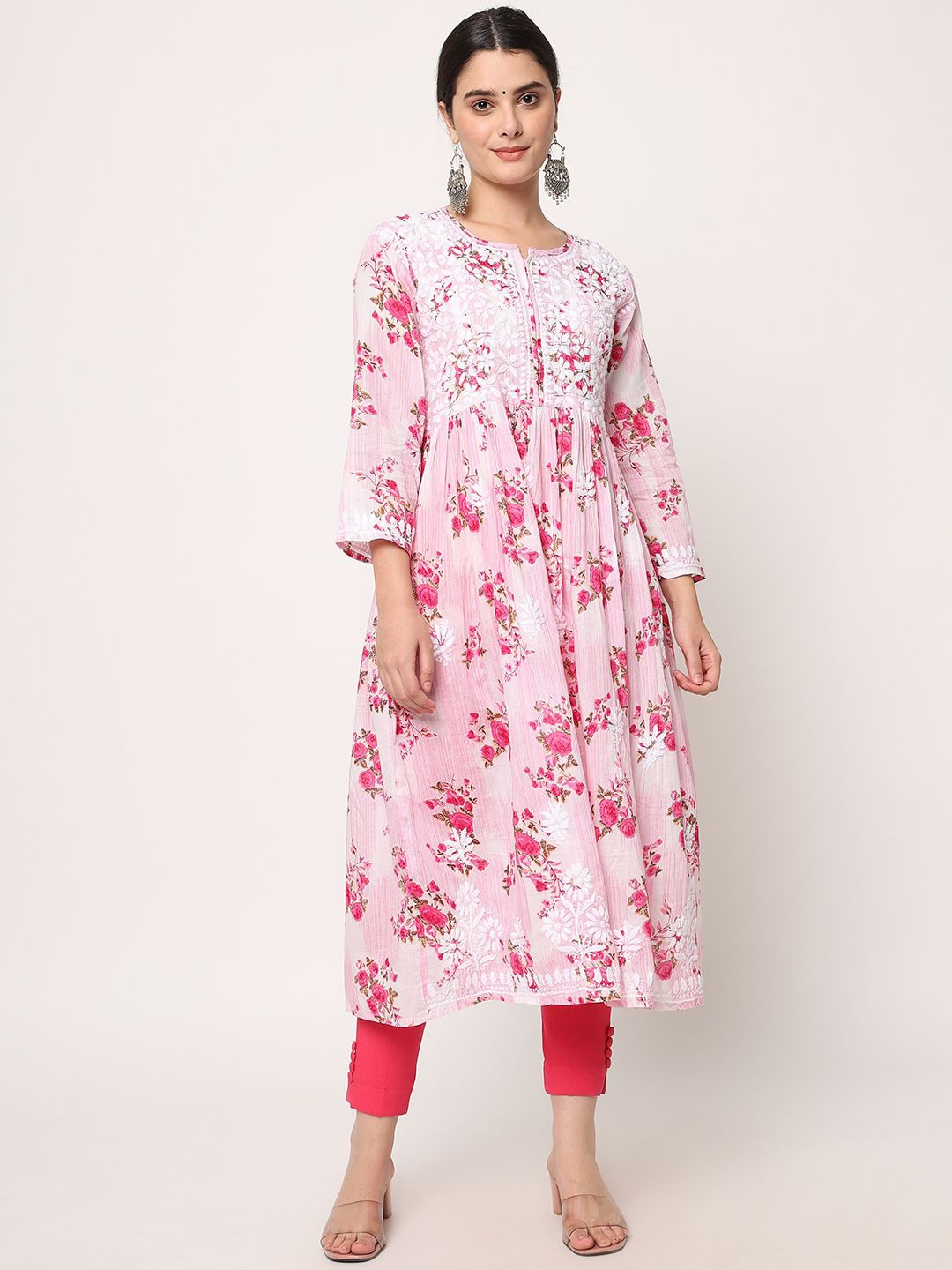 

PARAMOUNT CHIKAN Floral Printed Lucknowi Chikankari Notch Neck A-Line Kurta, Pink