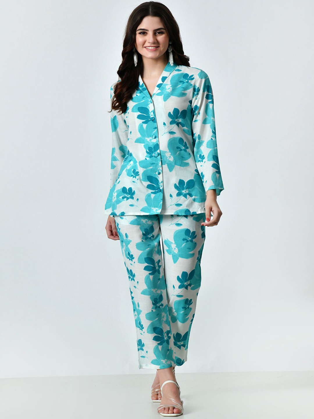 

VAPPSYAM Printed Shirt With Trousers Co-Ords, Blue
