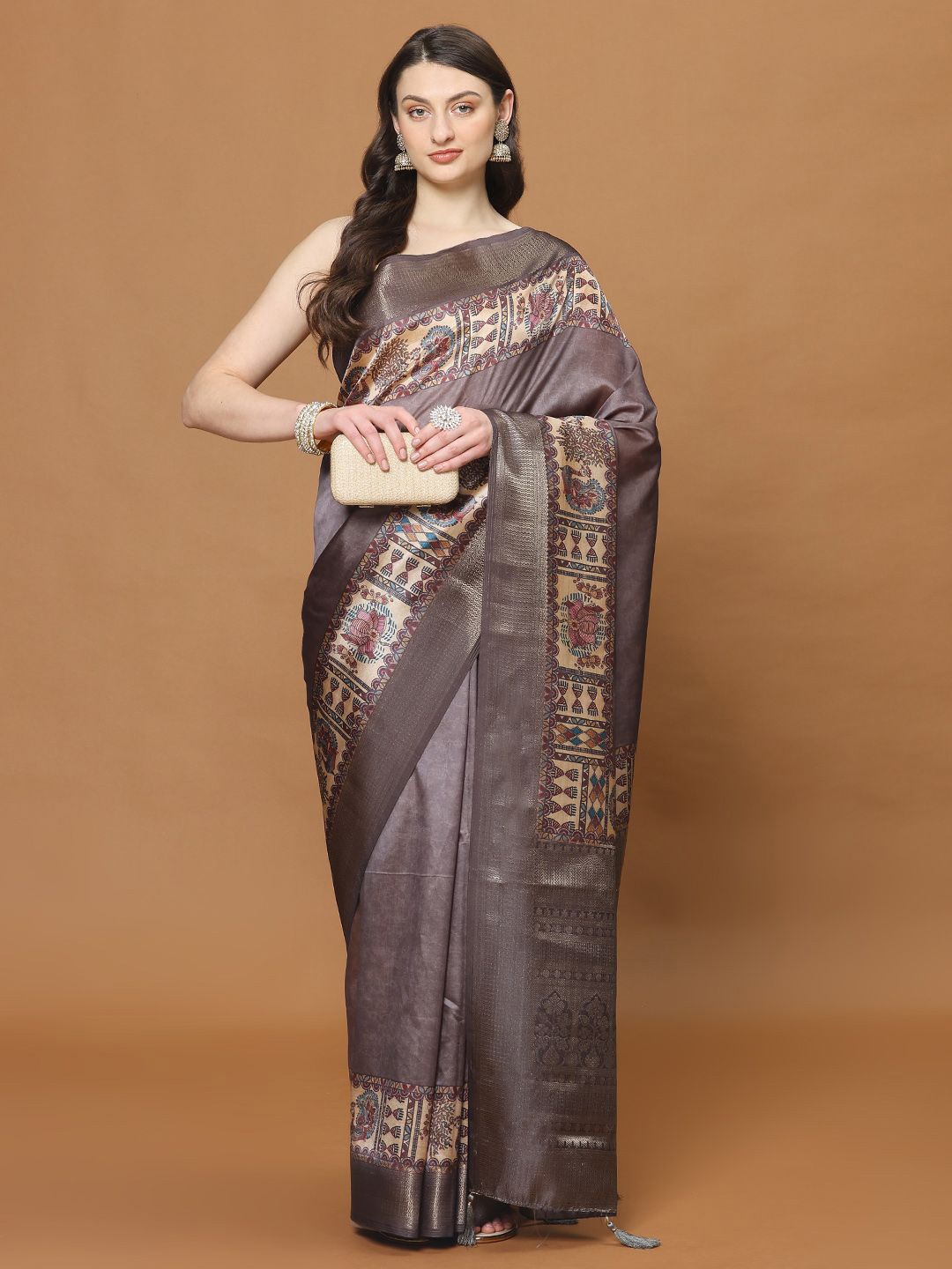 

Meena Bazaar Printed Zari Woven Design Border Satin Saree, Grey