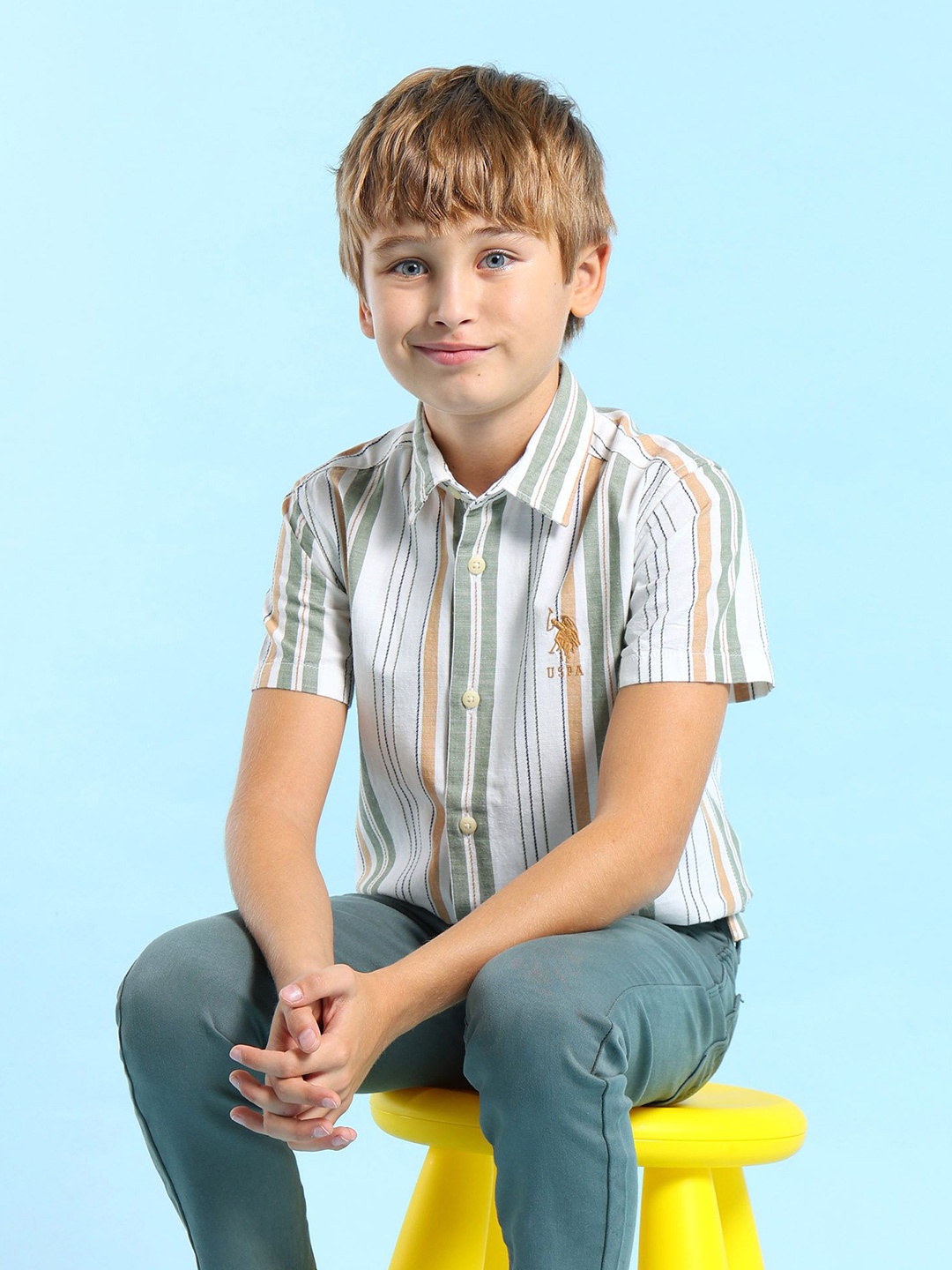 

U.S. Polo Assn. Kids Boys Spread Collar Vertical Striped Cotton Casual Shirt, White