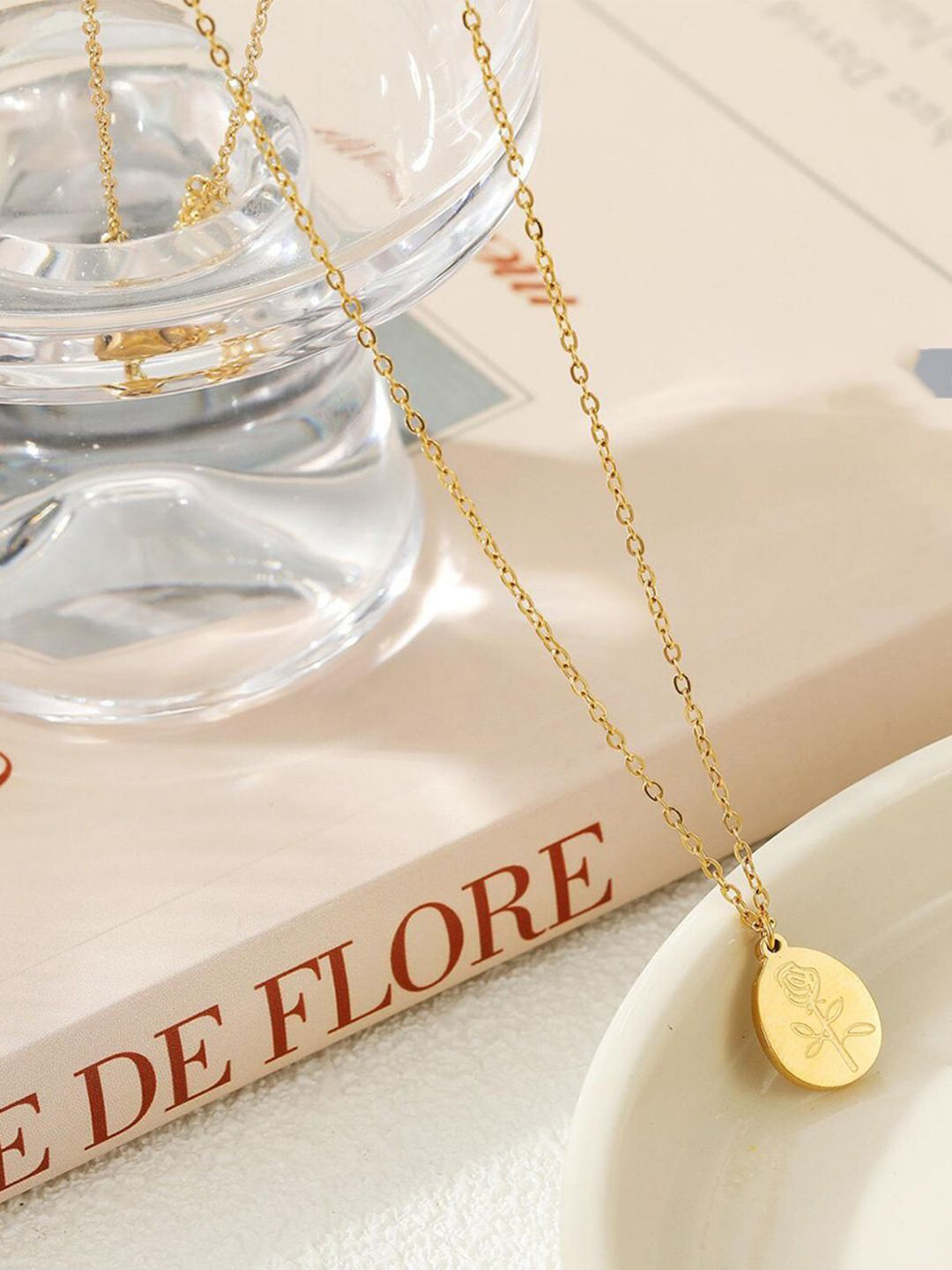 

BEYTER Gold-Plated Stainless Steel Oval Rose Charm Pendant With Chain