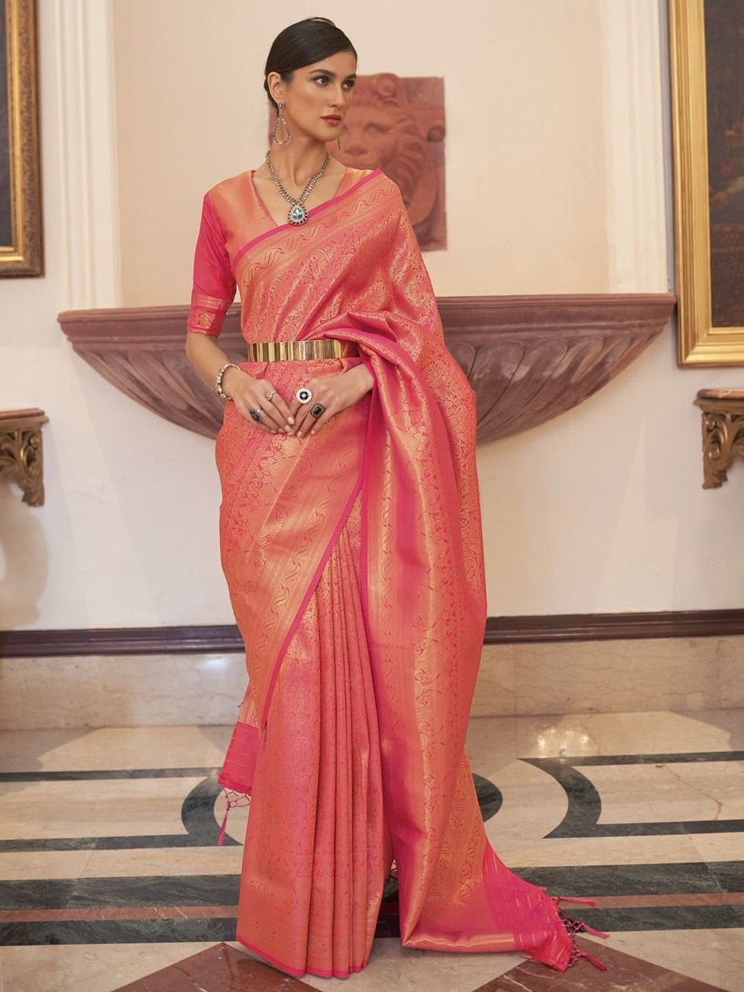 

Anouk Woven Design Zari Silk Blend Banarasi Saree, Pink