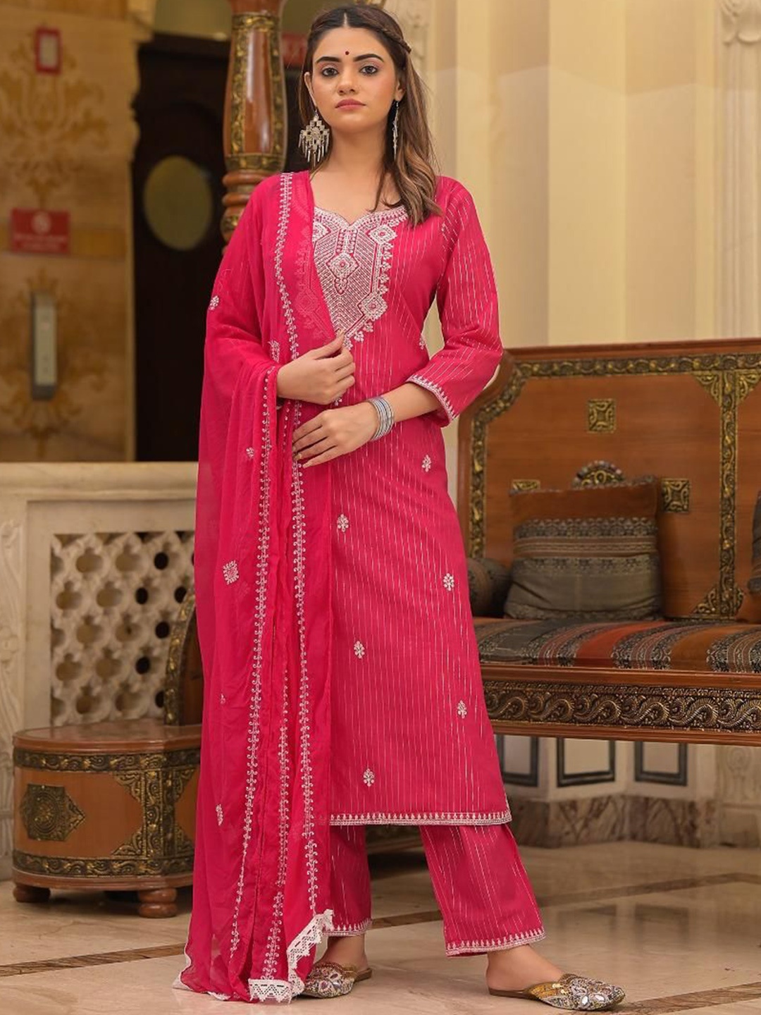

Gauric creation Striped Embroidered Sequinned Pure Cotton Kurta With Trousers And Dupatta, Red