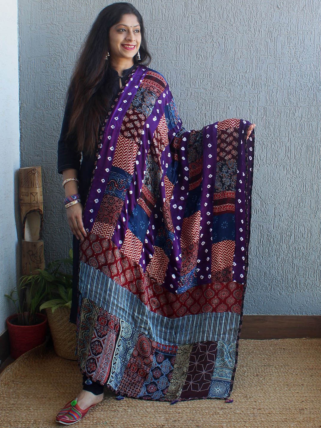 

Weaves of Tradition Ethnic Motifs Printed Block Print Dupatta with Patchwork, Blue