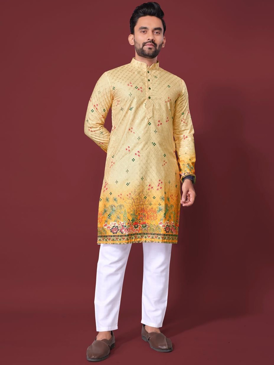 

Moda Rapido Floral Woven Design Mandarin Collar Straight Kurta, Yellow