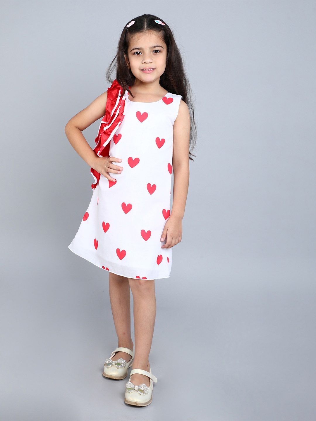 

Pink Chick Girls Conversational Printed Cotton Ruffled A-Line Knee Length Dress, White
