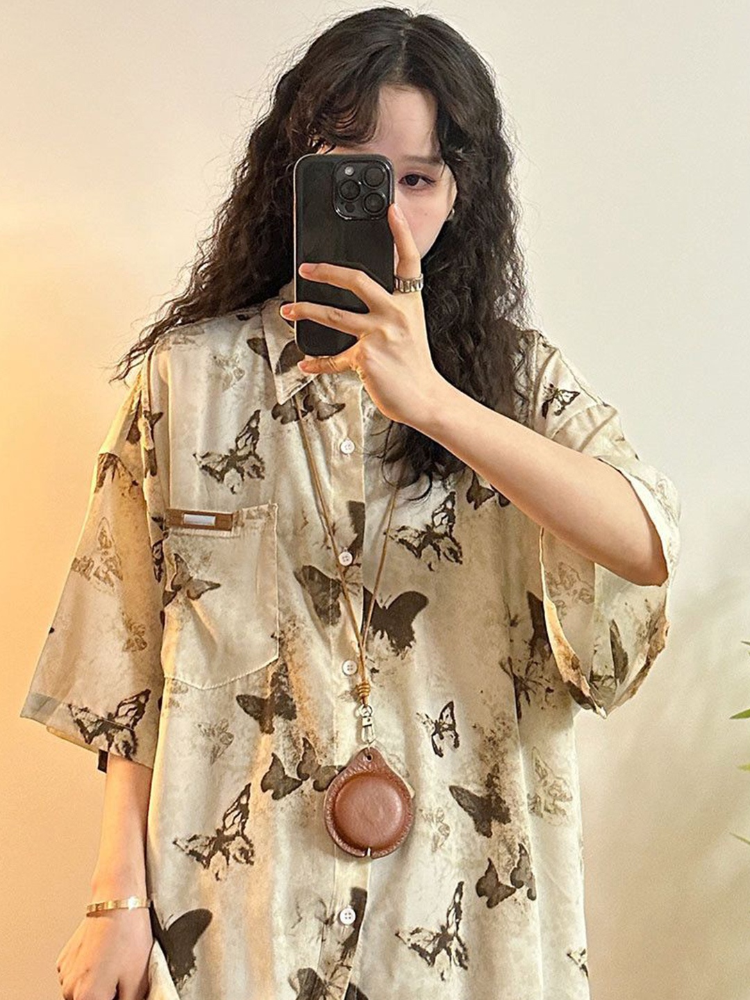 

DressBerry Women Graphic Printed Longline Oversized Casual Shirt, Beige