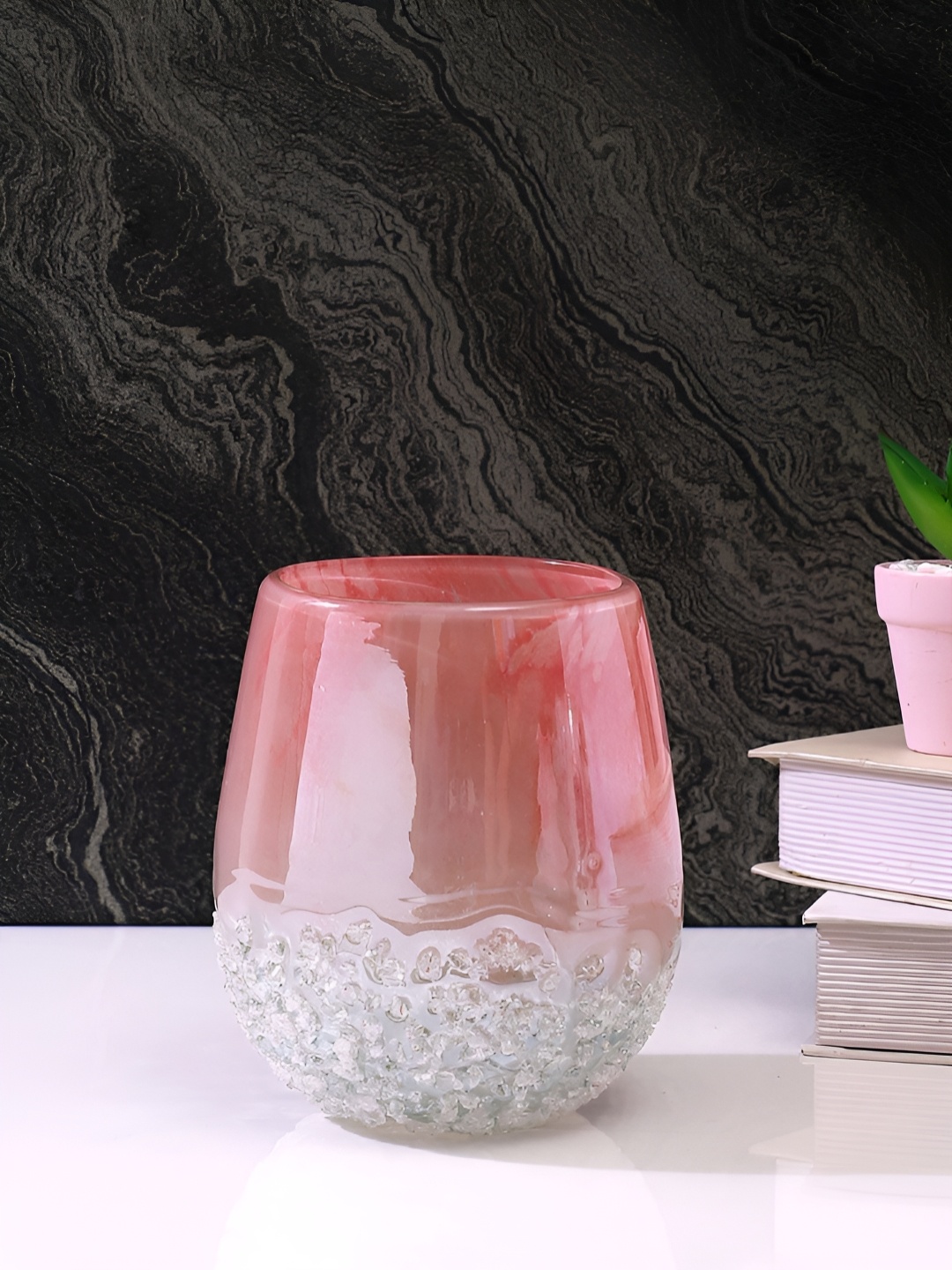 

Myntra Elegant Homes Pink & Grey Textured Glass Flower Vase