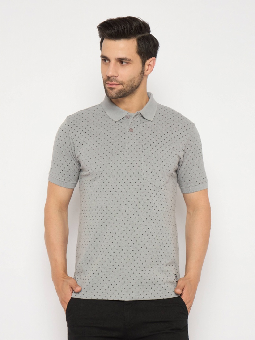 

NEVA Men Geometric Printed Polo Collar Cotton T-shirt, Grey
