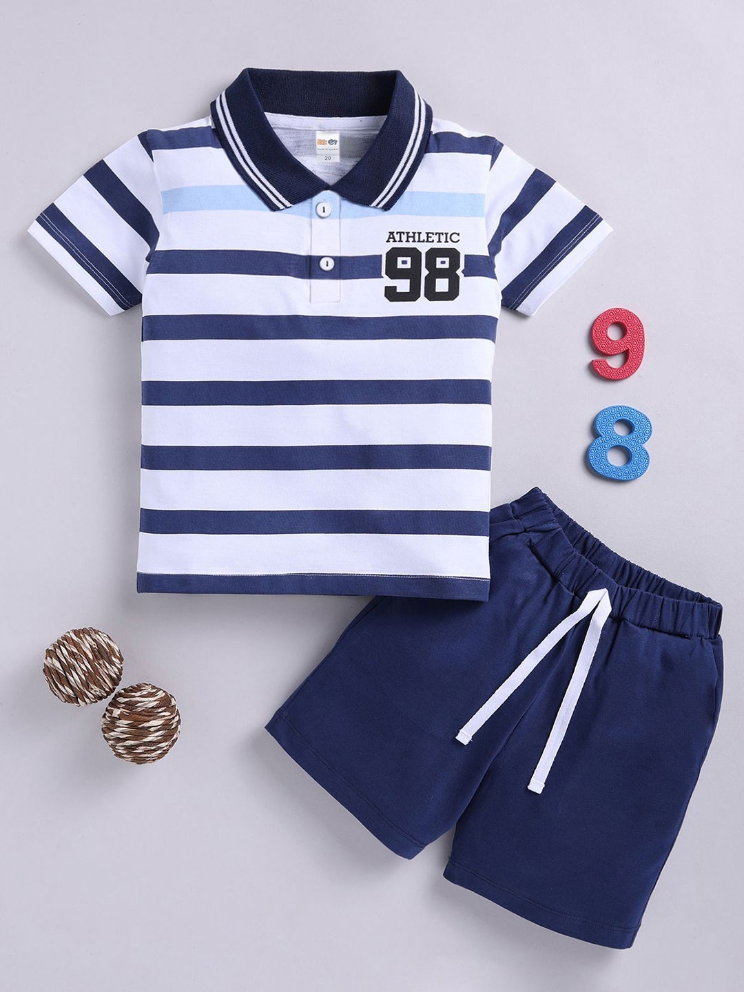 

LITTLE NINJA Boys Striped Polo Collar Pure Cotton T-Shirt With Shorts, Blue