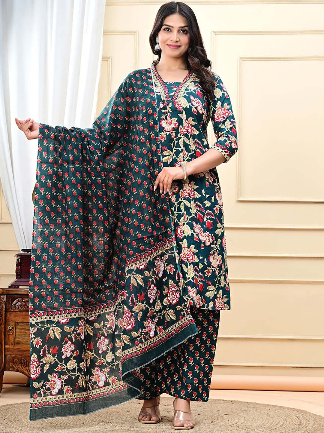 

RETCAP Floral Printed Empire A Line Pure Cotton Kurta With Palazzos & Dupatta, Green
