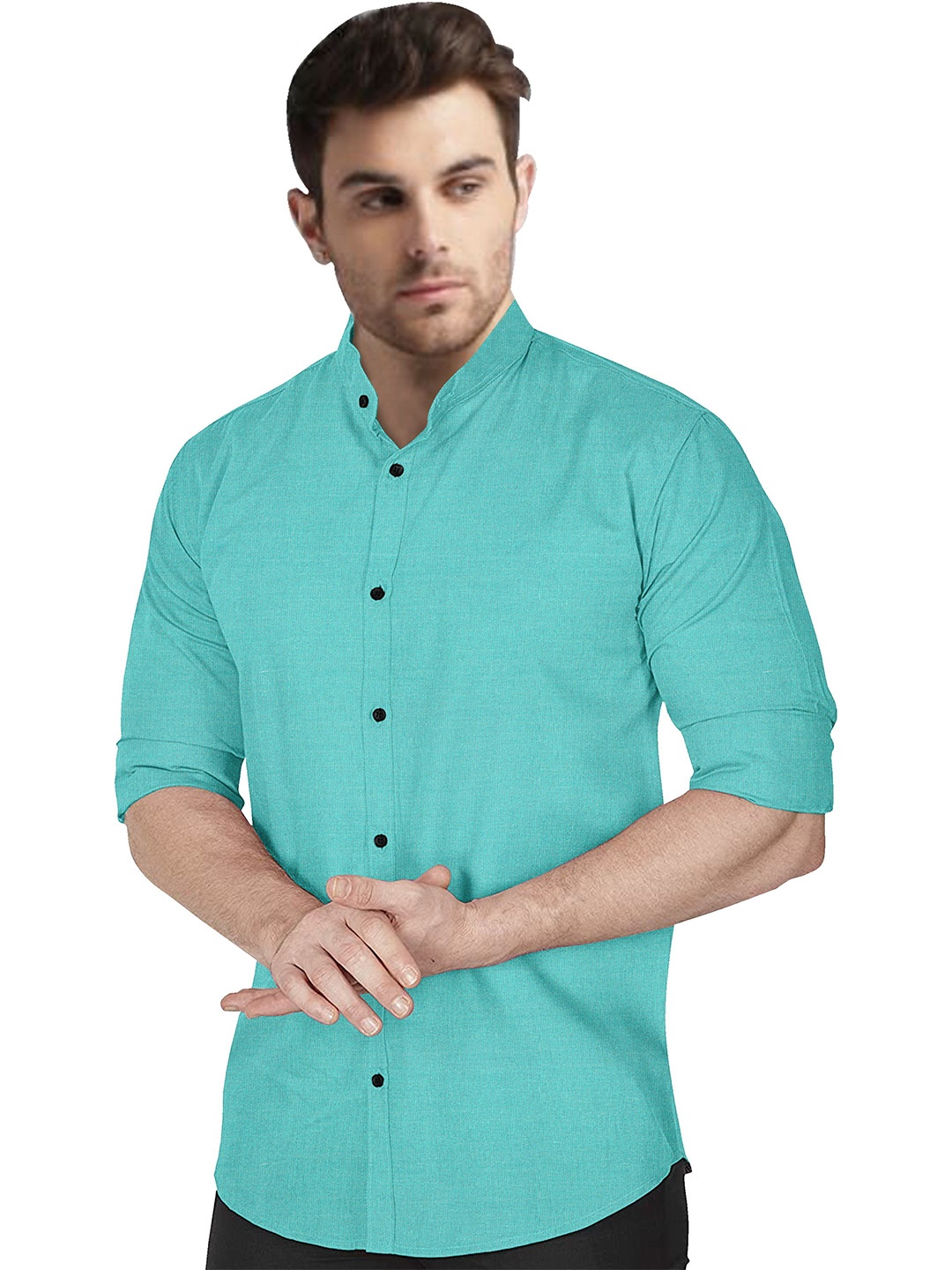 

Metronaut Men Regular Fit Band Collar Solid Cotton Casual Shirt, Sea green