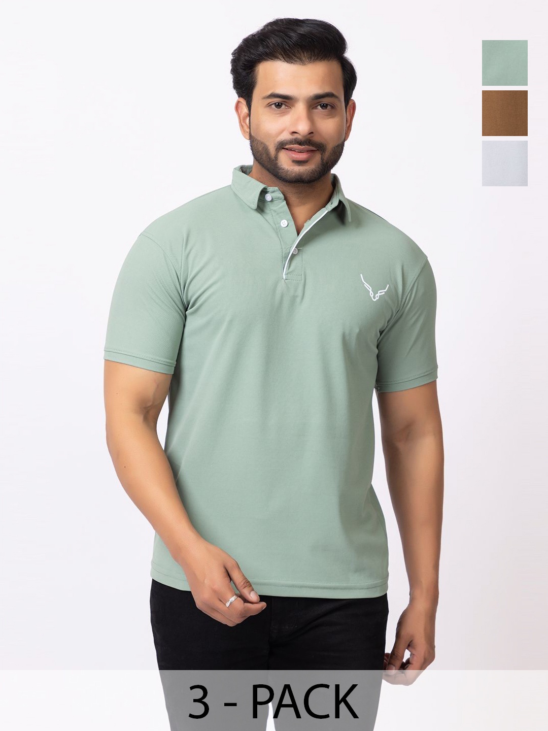 

BUFFARO Men Pack Of 3 Solid Polo Collar Cotton Slim Fit T-shirts, Green