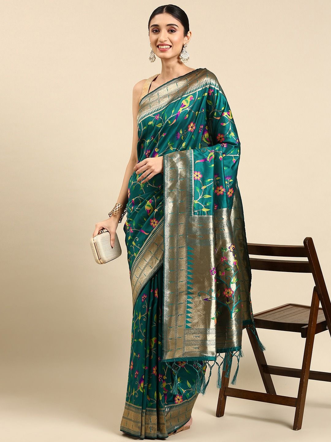 

DIVASTRI Woven Design Zari Silk Blend Paithani Saree, Teal