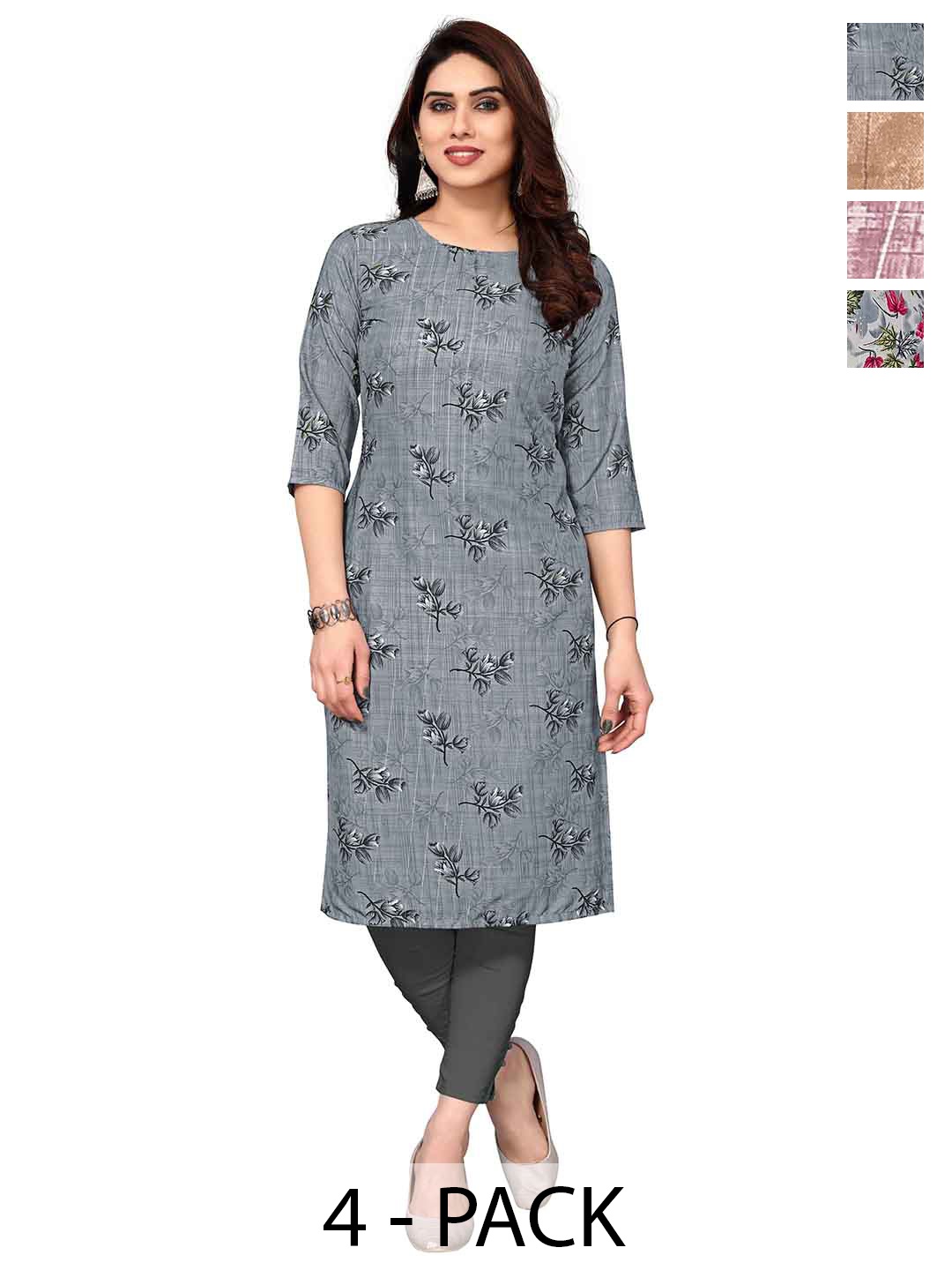 

KETAKI FASHION Selection Of 4 Floral Printed Round Neck Straight Kurta, Grey