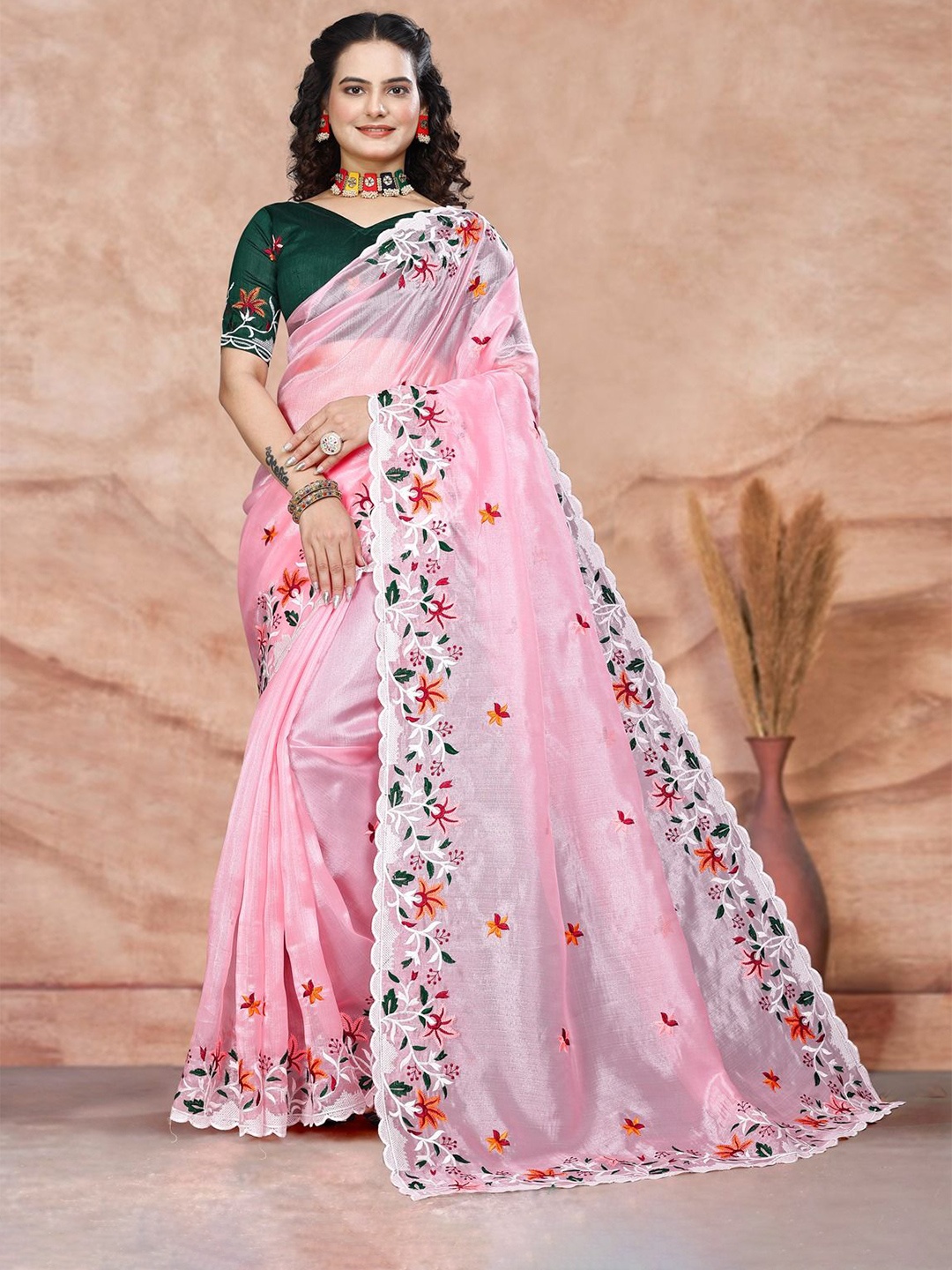 

DHRUTI CREATION Floral Embroidered Organza Saree, Pink