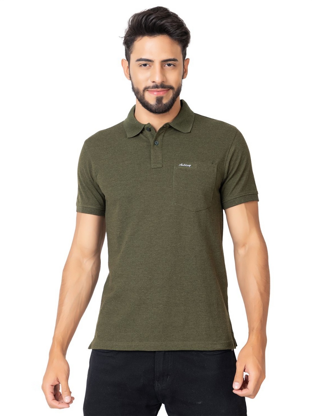 

Antiloop Men Solid Polo Collar Cotton T-shirt, Olive