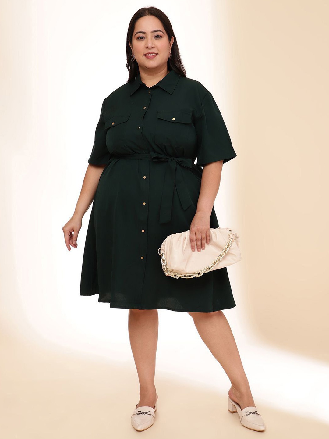 

DressBerry Curve Plus Size Pocket Detailing Shirt Dress, Green