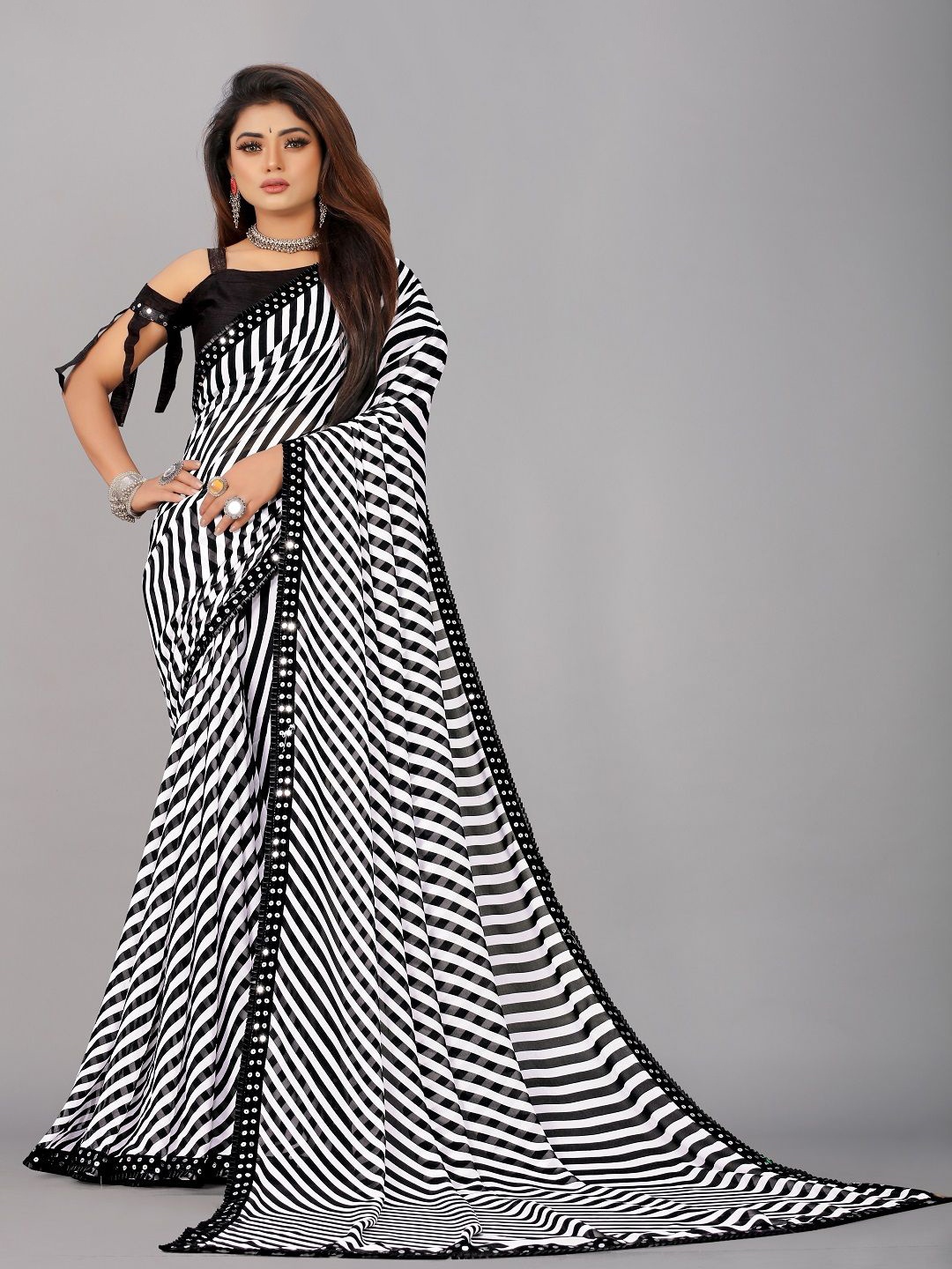 

Moda Rapido Mirror Work Pure Georgette Saree, White