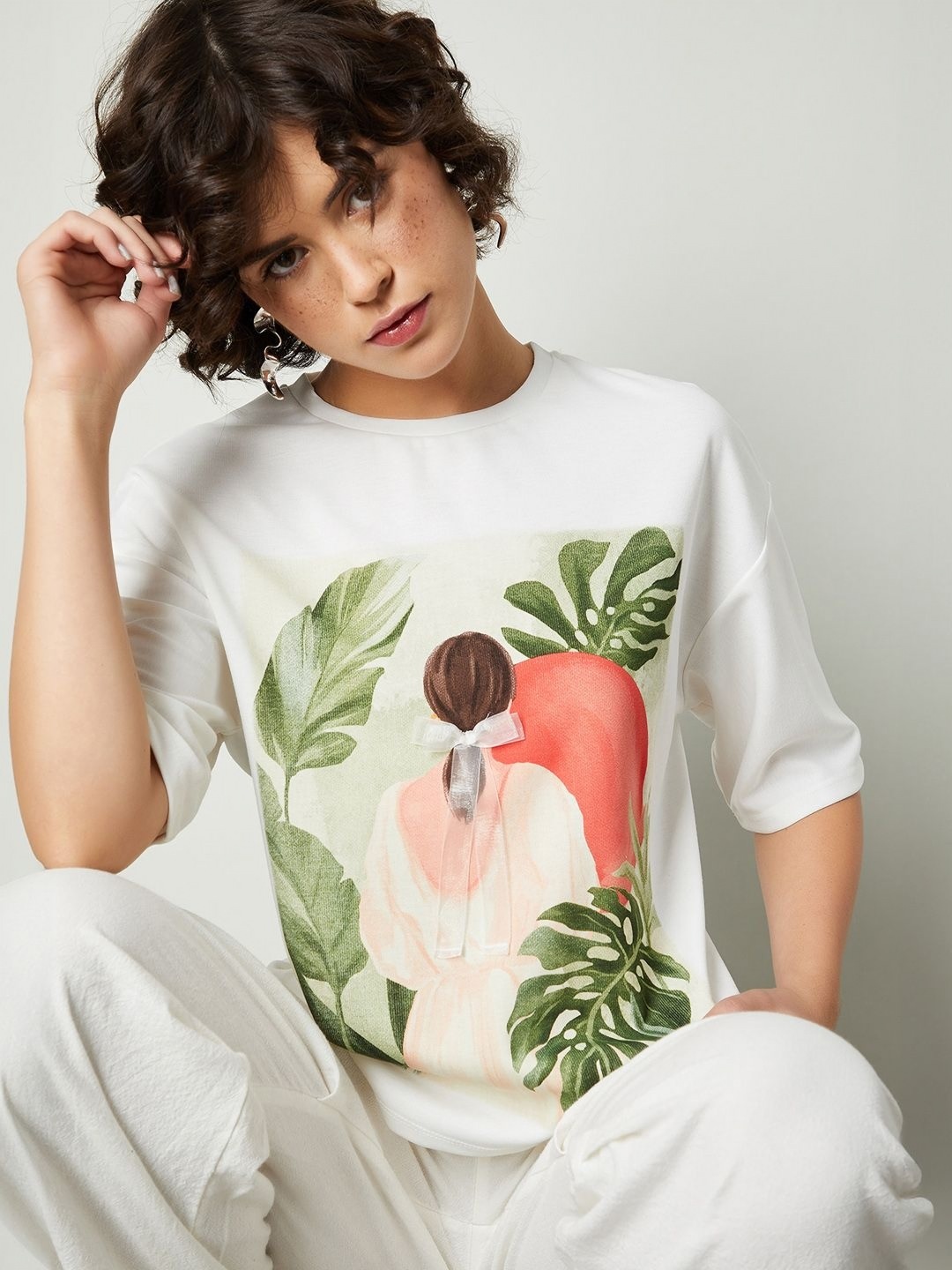 

max Women Floral Printed Round Neck T-shirt, White