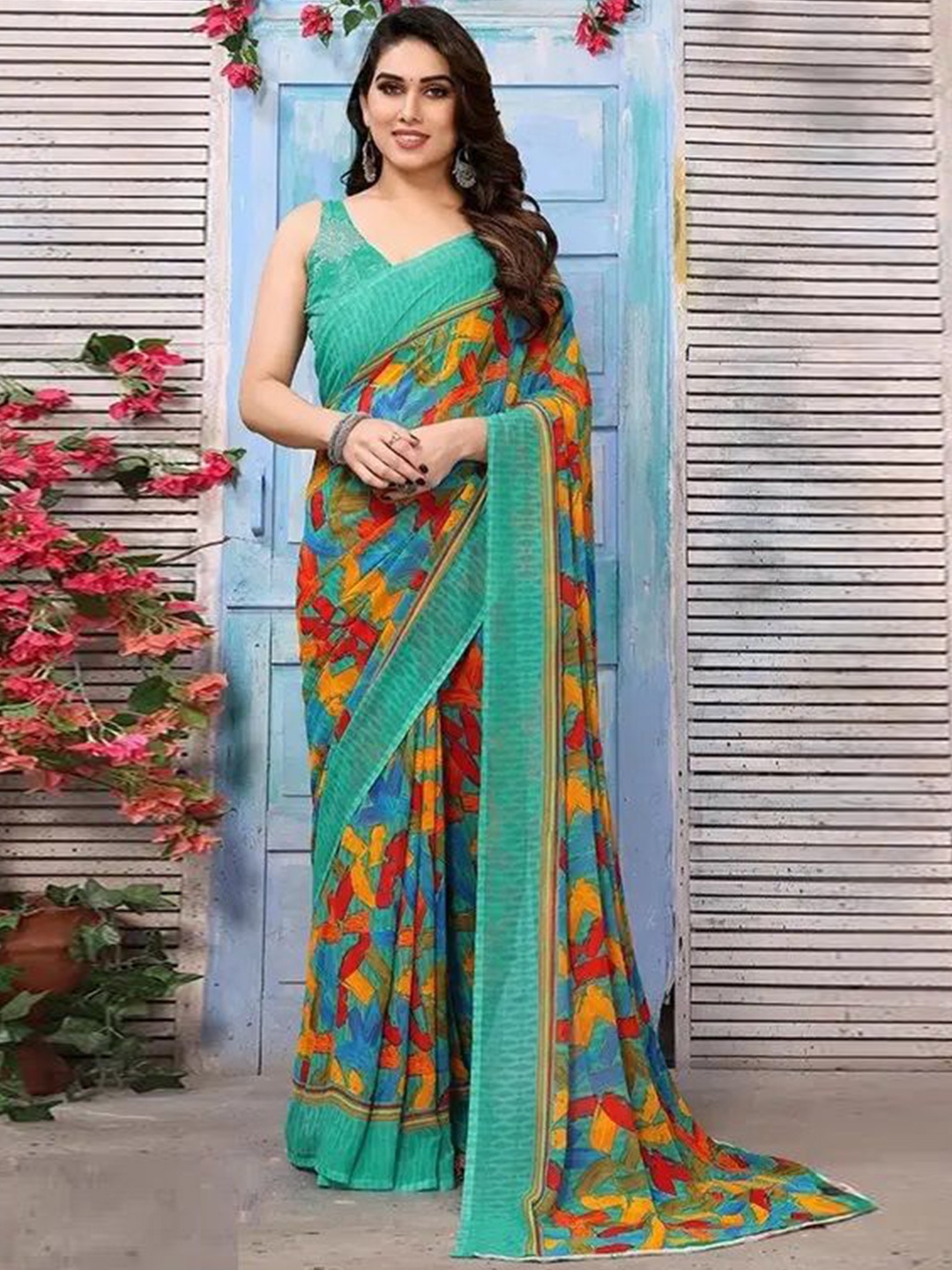 

Styleveda Floral Poly Georgette Block Print Saree, Green