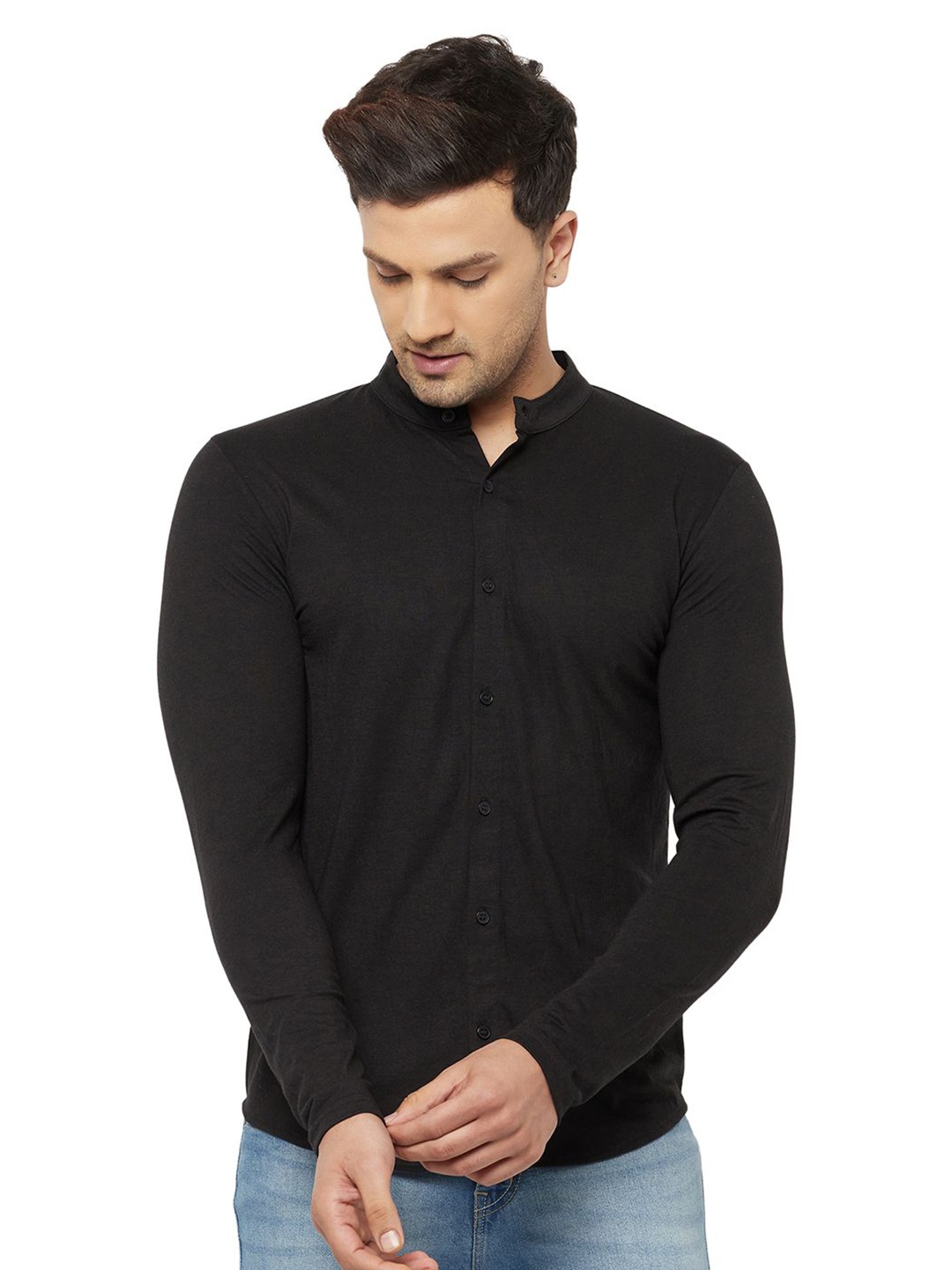 

Unicus Apparel Men Band Collar Solid Cotton Casual Shirt, Black