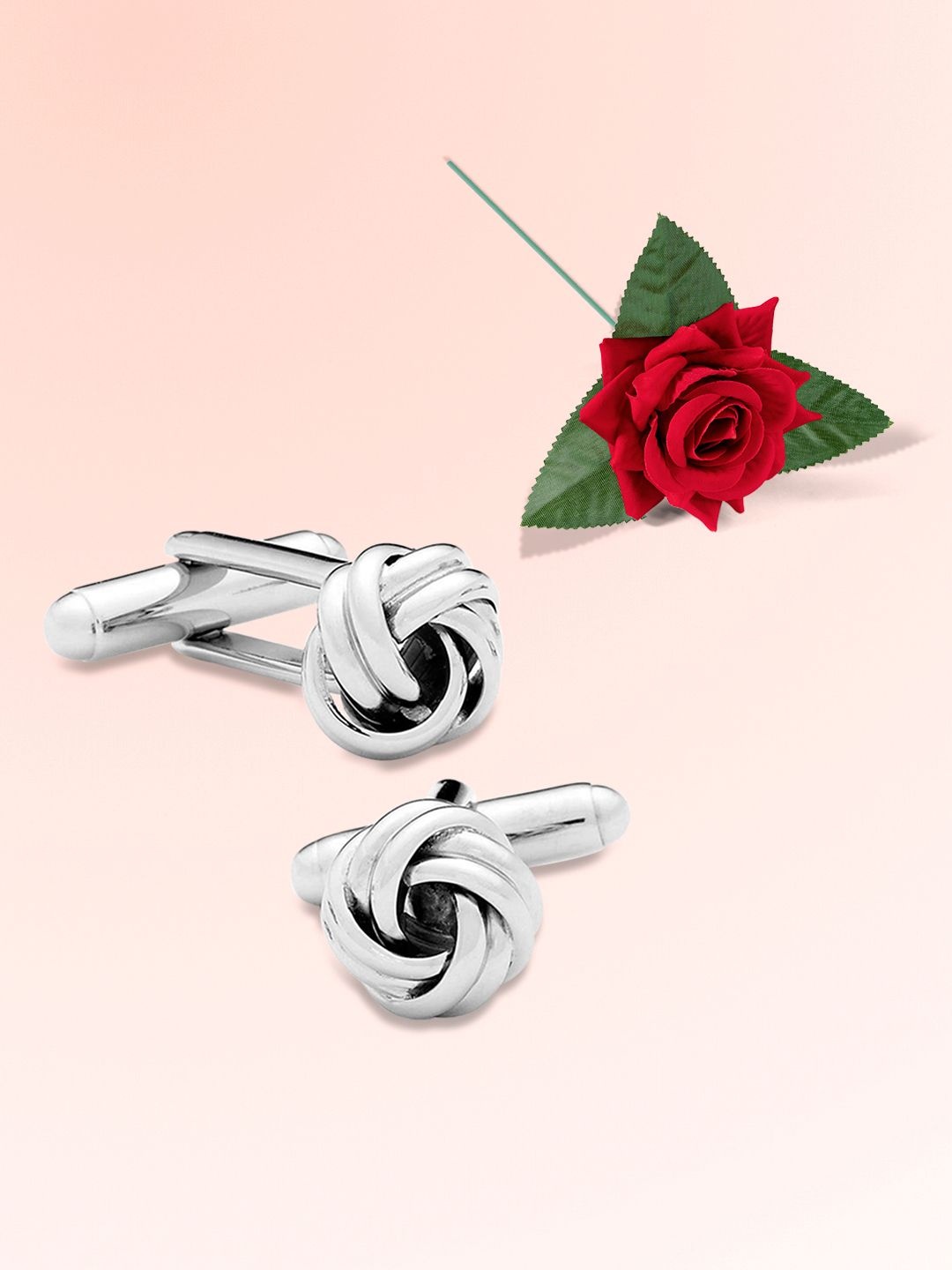 

Peora Contemporary Silver Knot Classic Cufflink Set With Red Rose