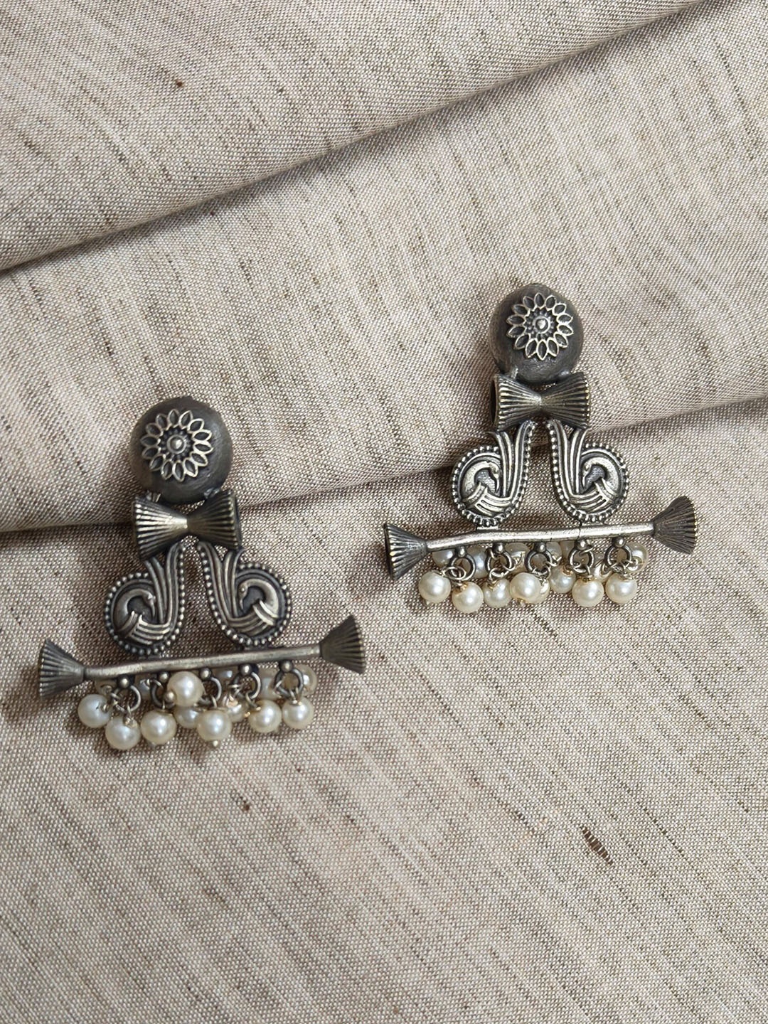 

Molcha Contemporary Shaped Artificial Beaded Oxidised Jhumkas, Silver